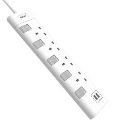 Philips 4 Way Power Multiplier Extension With Individual Switch And 2 USB 2 Meters